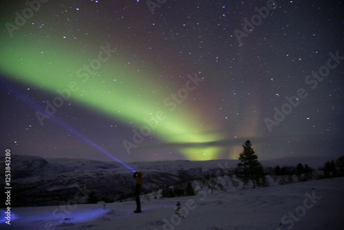 Man with torch under the northern lights from Gapherus (Nordreisa). Northern Norway.