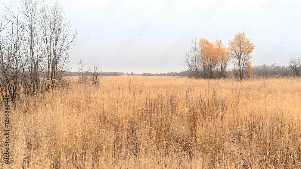 Autumnal grassland, pale sky, bare trees, tranquil scene; nature background Autumnal grassland, pale sky, bare trees, tranquil scene; nature background