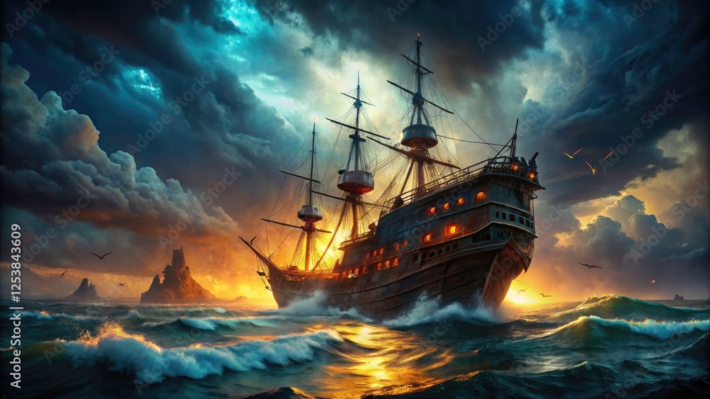 Obraz premium G7 photography immortalizes a spectacular, legendary ghost ship sailing a dramatic ocean. Maritime mystery and sailing vessel dominate the seascape.
