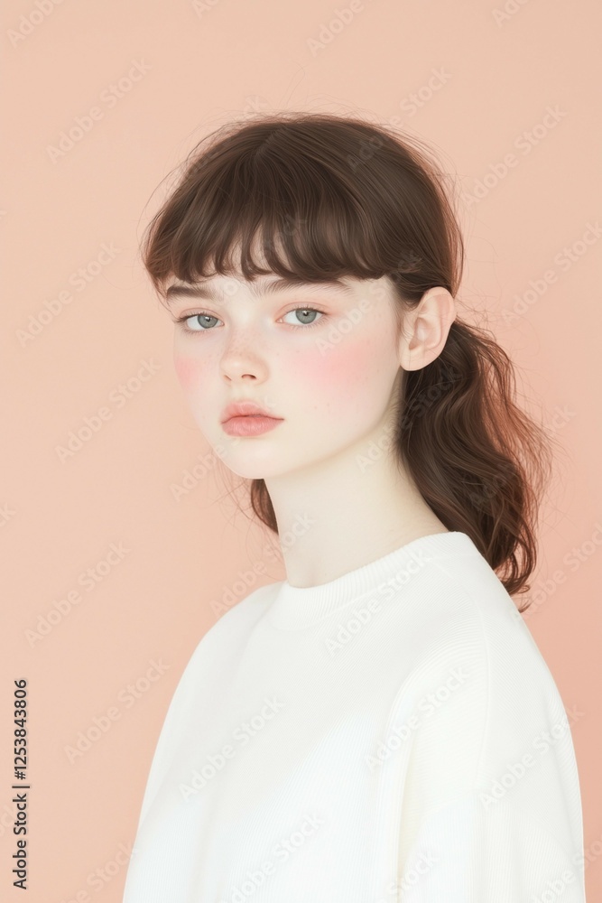 Fototapeta premium Young Woman with Freckles and Blush on a Soft Pink Background