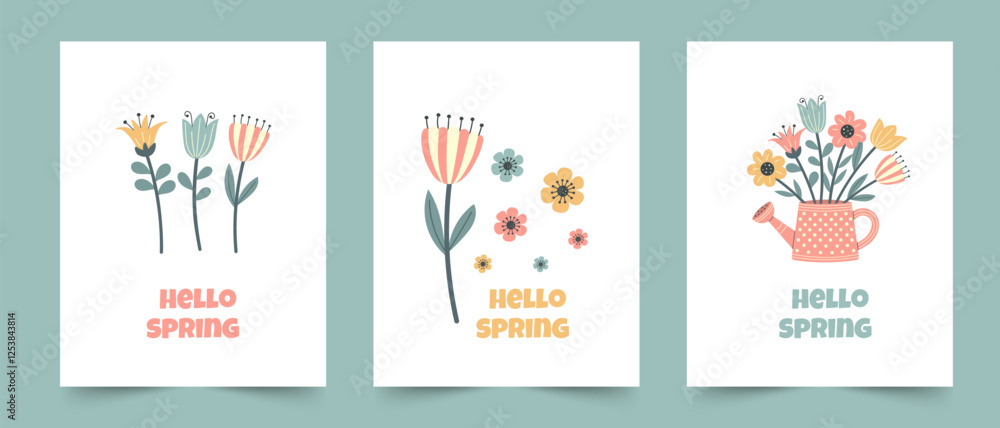 Fototapeta premium Cute Spring floral cards set. Collection of flowers and decorations. For poster, card, stickers.
