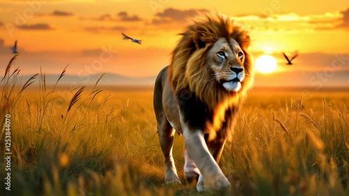 Majestic lion standing in grassy savannah, symbolizing strength and wildlife conservation. Great for safari, nature, and wildlife-themed events, World Lion Day, or educational projects	
