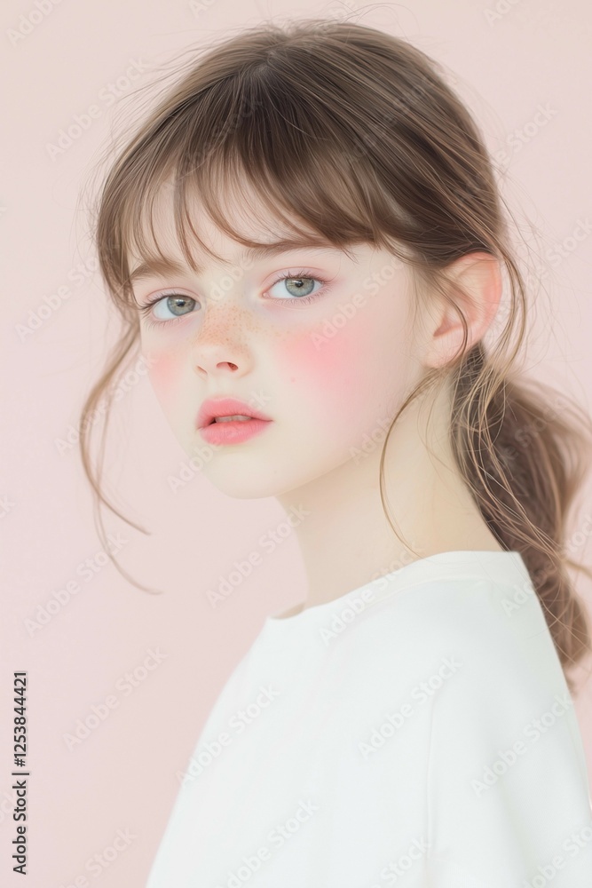 Young Woman with Freckles and Blush on a Soft Pink Background Young Woman with Freckles and Blush on a Soft Pink Background