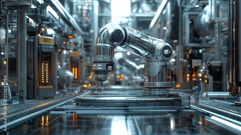 Automated industrial robotic arm in action Automated industrial robotic arm in action
