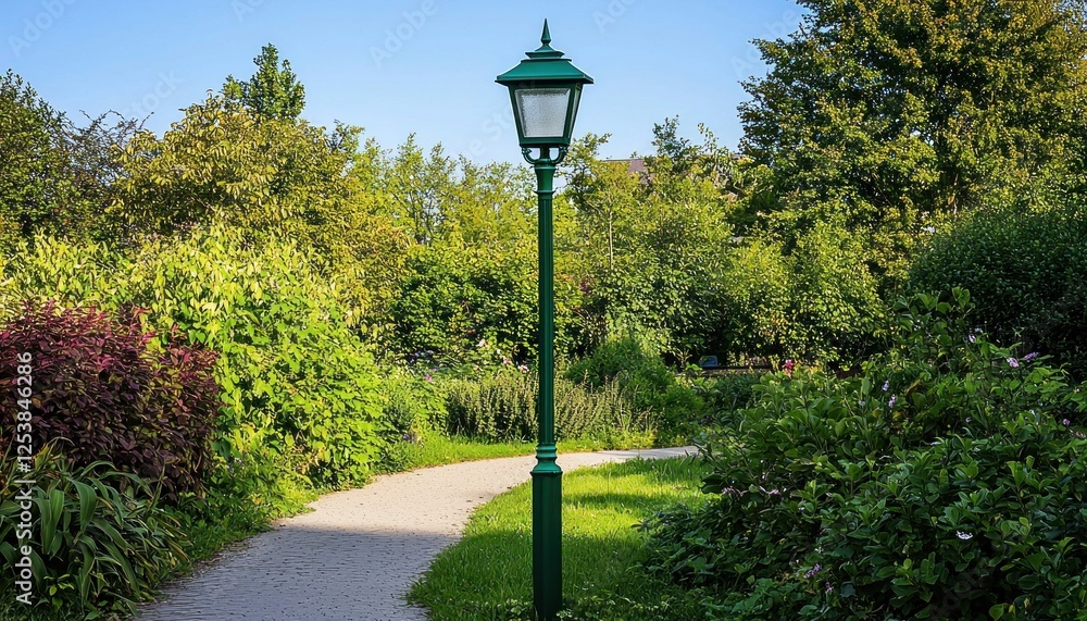 Green lamppost by gravel path in lush park garden Green lamppost by gravel path in lush park garden