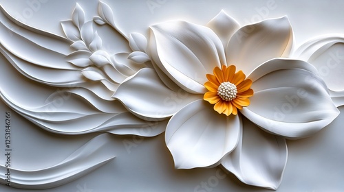 Elegant 3D Floral Wall Art: White Flower with Orange Center