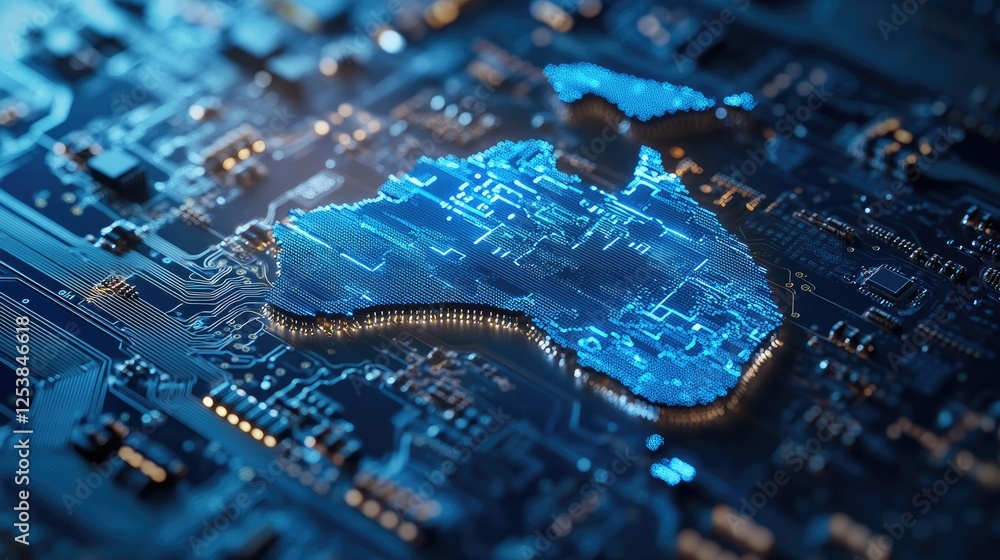 custom made wallpaper toronto digitalA close-up of a circuit board shaped like Australia, glowing with blue light.