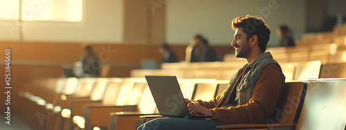 An Indian student sitting in the classroom and smiling while using their laptop
