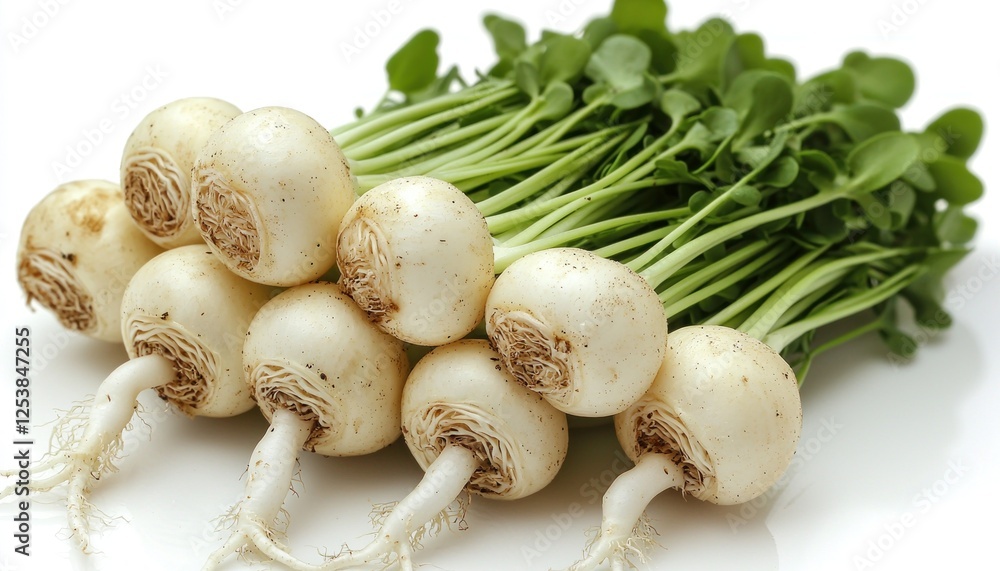 Freshly harvested white turnips with leafy greens on a white background, ideal for healthy recipes Freshly harvested white turnips with leafy greens on a white background, ideal for healthy recipes