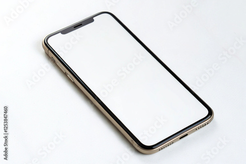 Top view of a smartphone with a white screen isolated on white background. photo