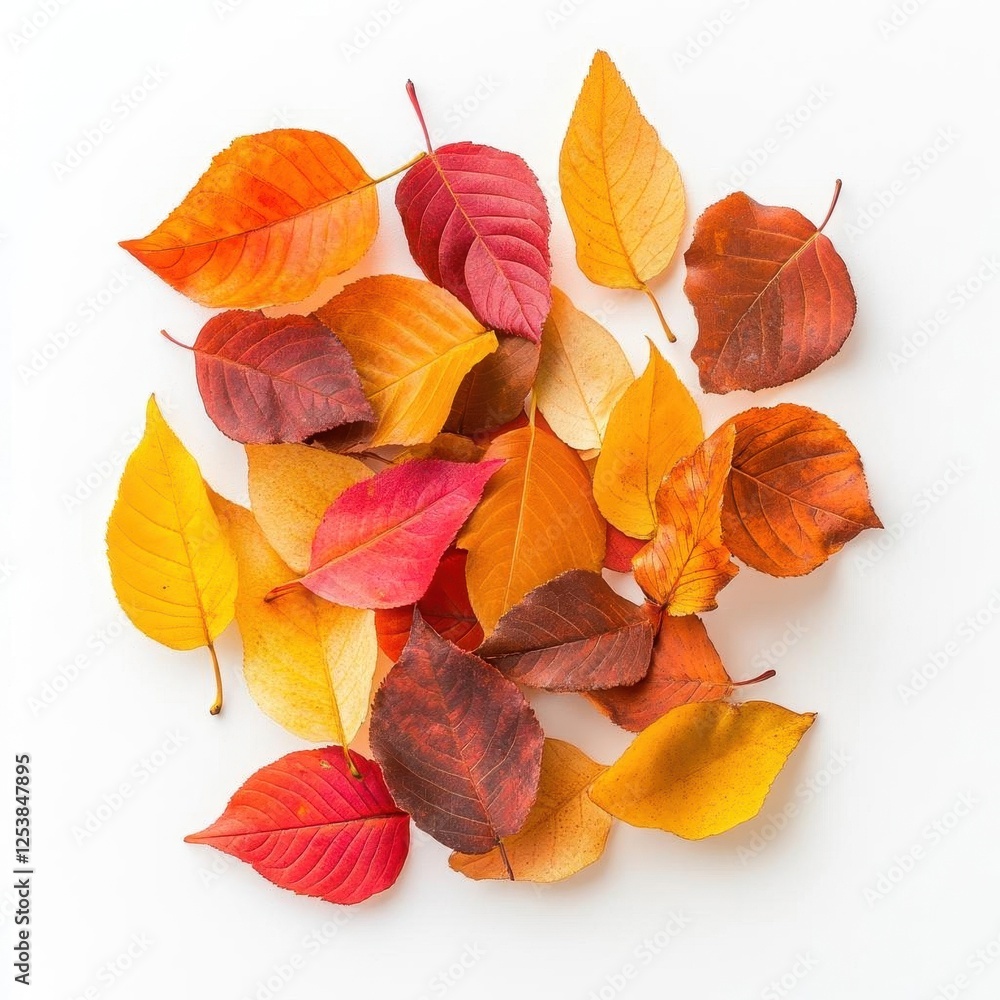 Fototapeta premium Vibrant Autumn Leaves Composition with Warm Tones on Clean White Background