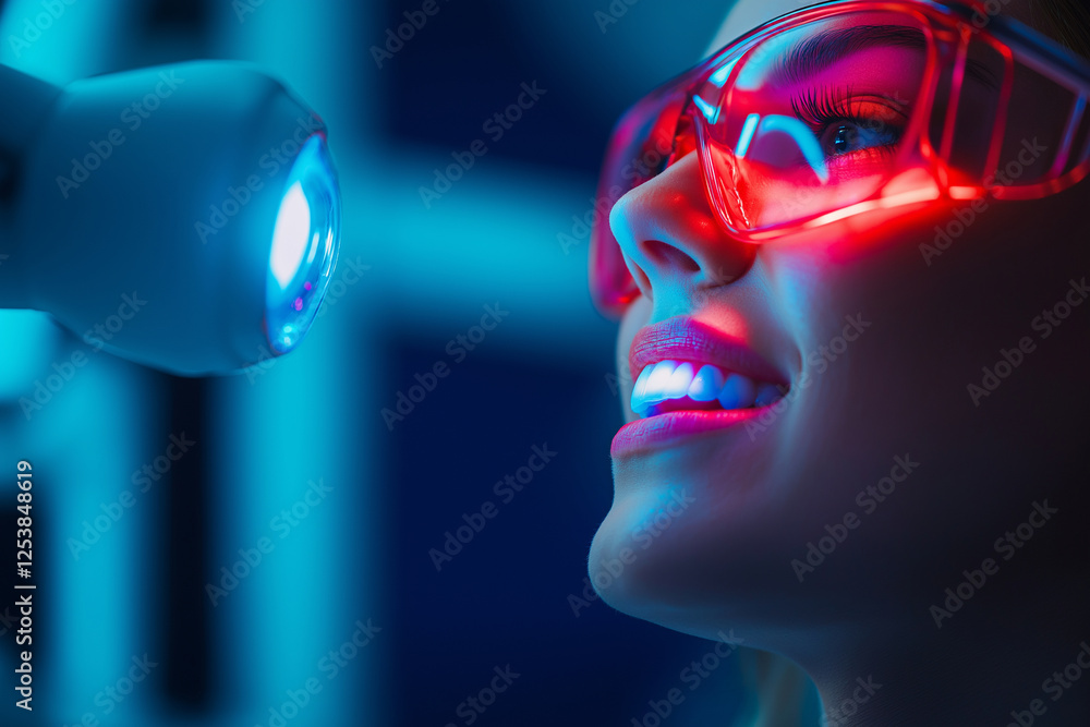 Obraz premium woman with glowing glasses smiles while undergoing dental procedure, showcasing bioluminescence technology. vibrant blue and red lighting creates futuristic atmosphere