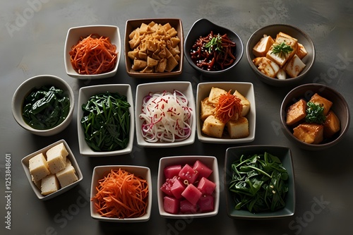 Assorted Korean Banchan with Pickled and Sautéed Vegetables photo