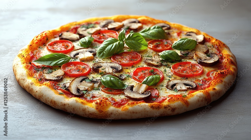 A delicious pizza topped with tomatoes, mushrooms, and fresh basil on a rustic surface. A delicious pizza topped with tomatoes, mushrooms, and fresh basil on a rustic surface.