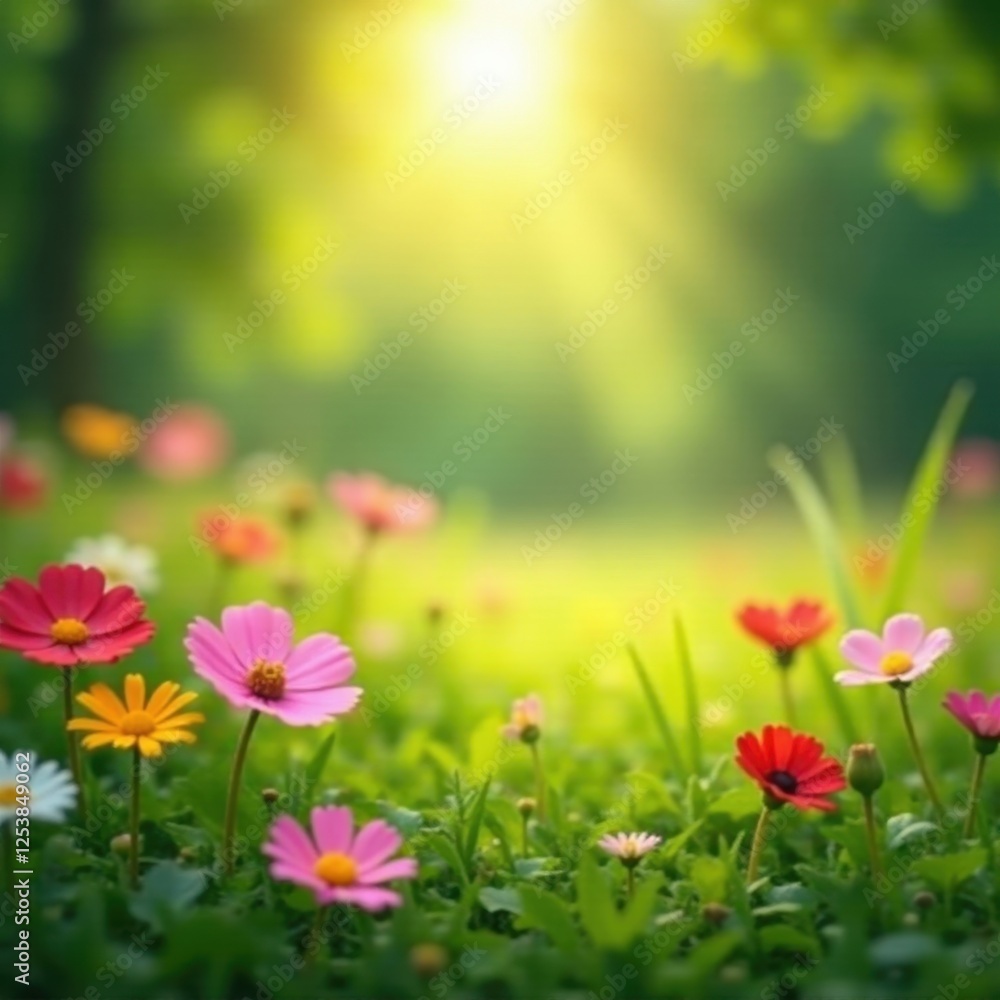 Fototapeta premium Blurred vibrant flowers and foliage, sunlit meadow, website, joyful, colorful