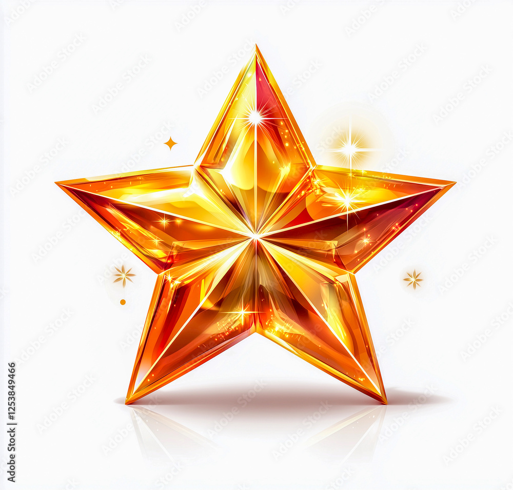 Bright, sparkling golden star shining with radiant facets and a glossy surface against a white background Bright, sparkling golden star shining with radiant facets and a glossy surface against a white background
