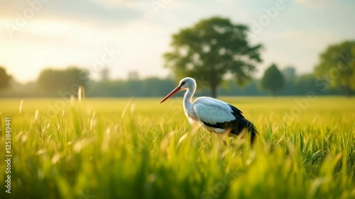 Stork in the grass in the field at sunset.  National stork day. Wild bird life in countryside. European landscape and nature wildlife. Copy space
