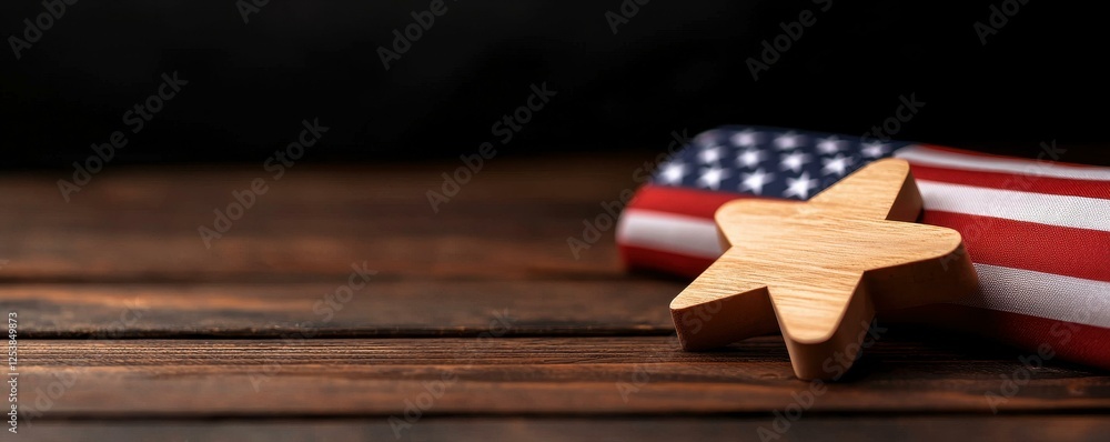 Obraz premium Wooden star with American flag on wooden background.
