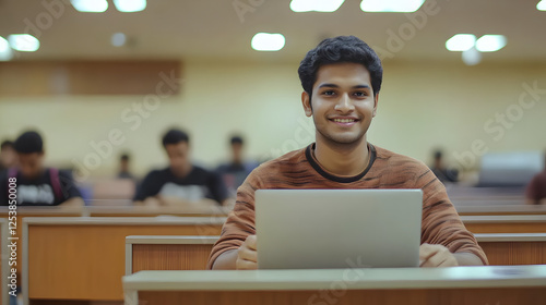An Indian student sitting in the classroom and smiling while using their laptop
