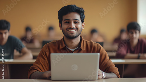 An Indian student sitting in the classroom and smiling while using their laptop
