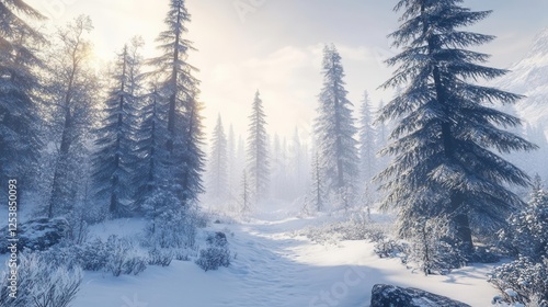 Winter Wonderland Scene Featuring Snow-Covered Evergreen Trees Under Soft Morning Light