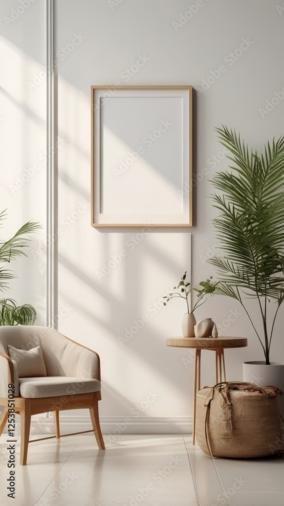 Blank rectangle frame mockup on the wall. Template for painting or poster. Living room interior design. View of modern style interior with artwork mock-up Blank rectangle frame mockup on the wall. Template for painting or poster. Living room interior design. View of modern style interior with artwork mock-up