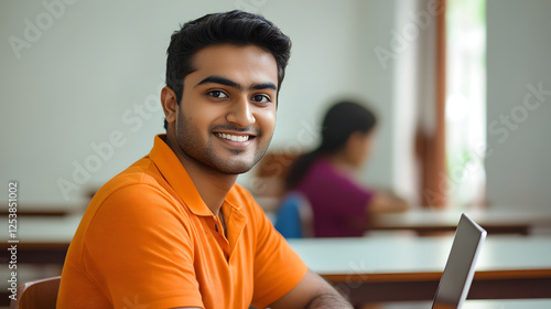 An Indian student sitting in the classroom and smiling while using their laptop
