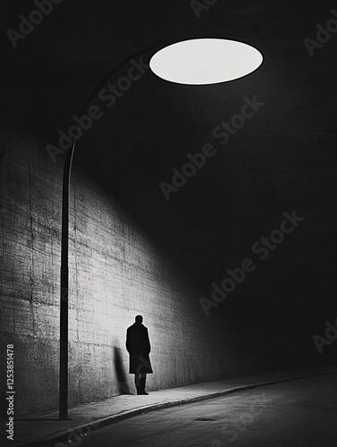 A shadowy man in a long coat walks under an oversized, glowing streetlamp in a dark, surreal urban environment.