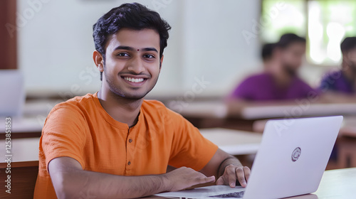 An Indian student sitting in the classroom and smiling while using their laptop
