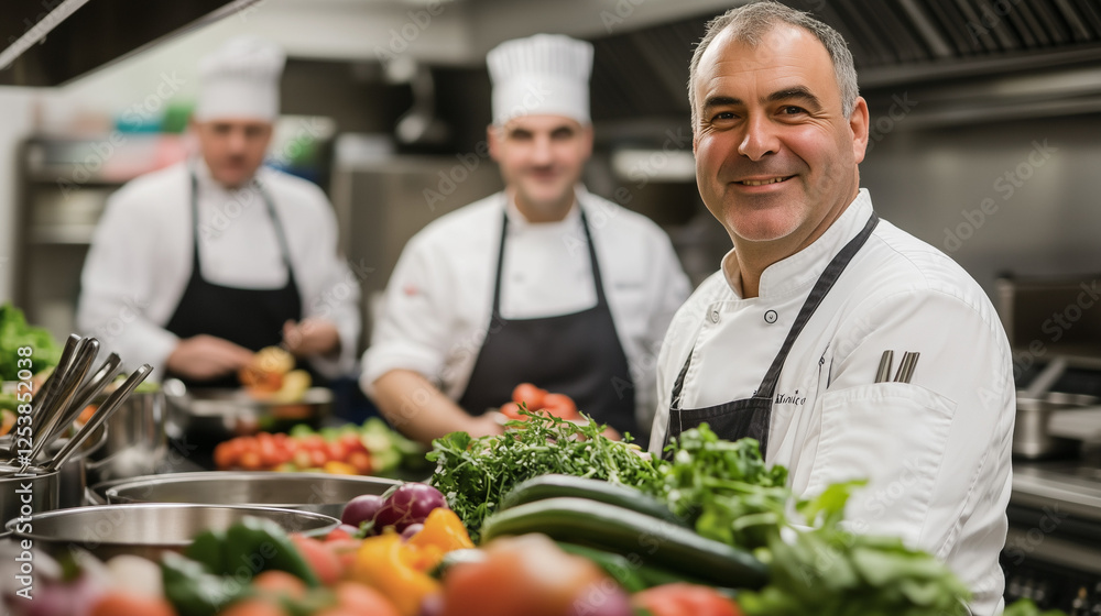 Interior of a restaurant kitchen. A chef smiles among the vegetables and his staff stands behind him. Interior of a restaurant kitchen. A chef smiles among the vegetables and his staff stands behind him.