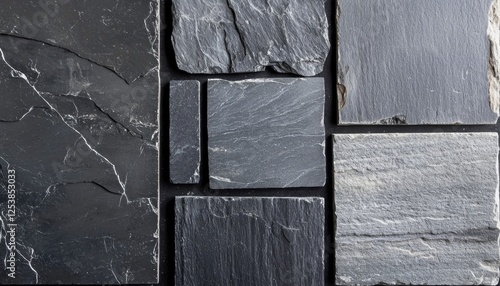 Variety of dark slate stone tiles, background, texture, building materials