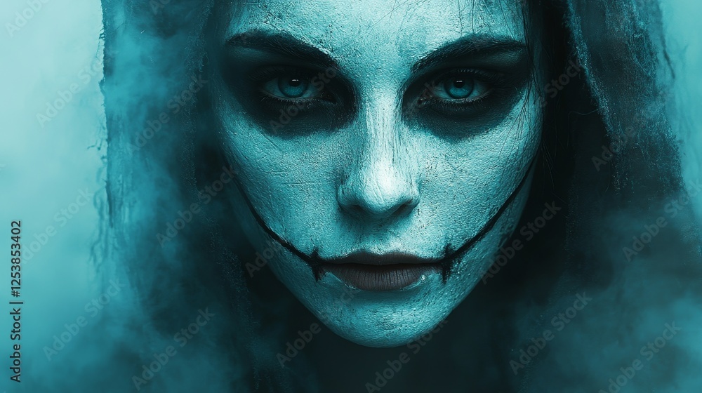 A woman with a white face and blue eyes is wearing a mask A woman with a white face and blue eyes is wearing a mask