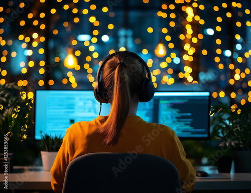 woman wearing headphones is working on computer in cozy environment with warm lights. scene conveys focus and creativity photo