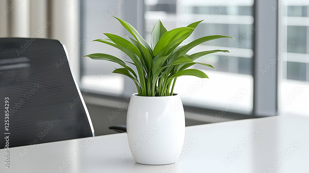 Office plant, desk, city view, modern workspace Office plant, desk, city view, modern workspace