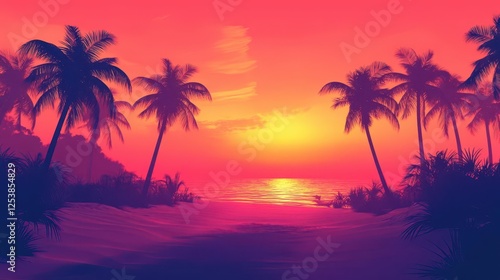Tropical Paradise Silhouette at Vibrant Sunrise for Travel and Adventure Campaigns