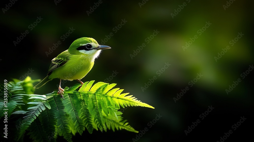 Obraz premium Vibrant Green Bird Perched on Fern