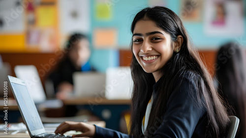 An Indian student sitting in the classroom and smiling while using their laptop

