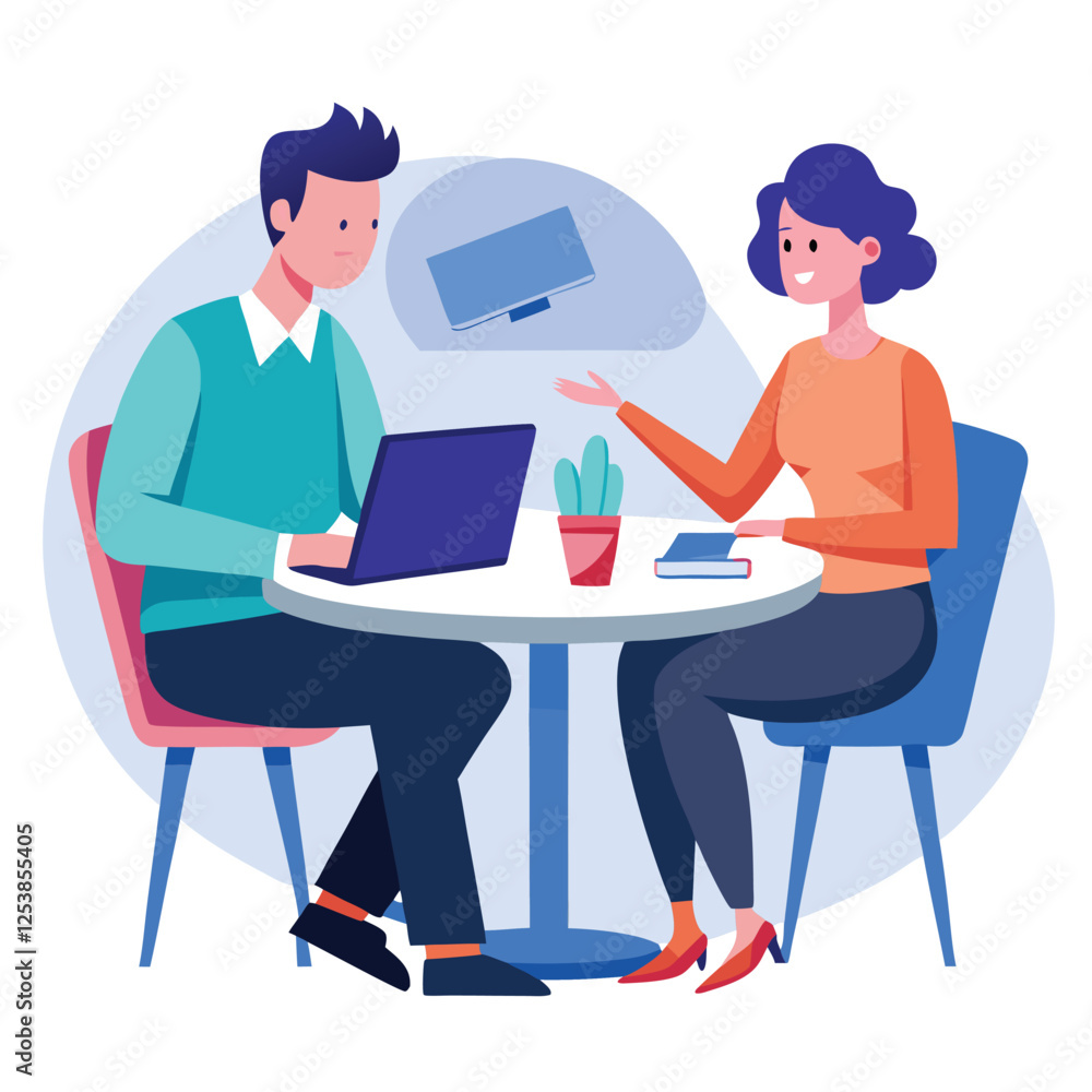 Partners meeting for business discussion with documents and laptop on desk. Couple at round table, speaking, discussing work, partnership. Flat vector on a white background Partners meeting for business discussion with documents and laptop on desk. Couple at round table, speaking, discussing work, partnership. Flat vector on a white background