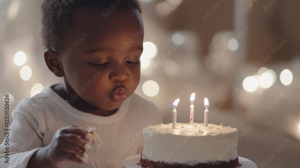 A one-year-old boy enjoys birthday cake and candles surrounded by decorations A one-year-old boy enjoys birthday cake and candles surrounded by decorations