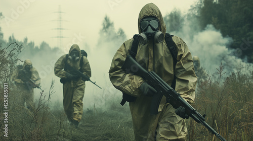 Soldiers in hazmat suits and gas masks patrolling a contaminated area