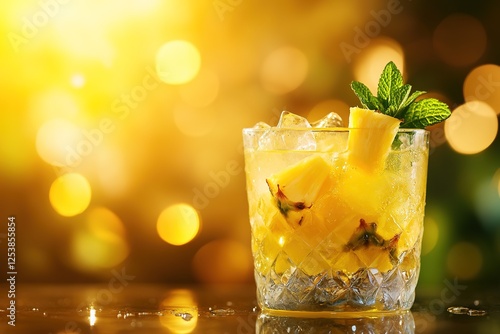 Bright cocktail garnished with mint and pineapple, reflecting su photo