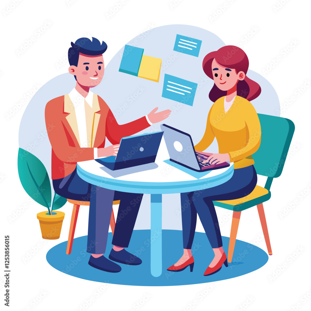 Partners meeting for business discussion with documents and laptop on desk. Couple at round table, speaking, discussing work, partnership. Flat vector on a white background Partners meeting for business discussion with documents and laptop on desk. Couple at round table, speaking, discussing work, partnership. Flat vector on a white background