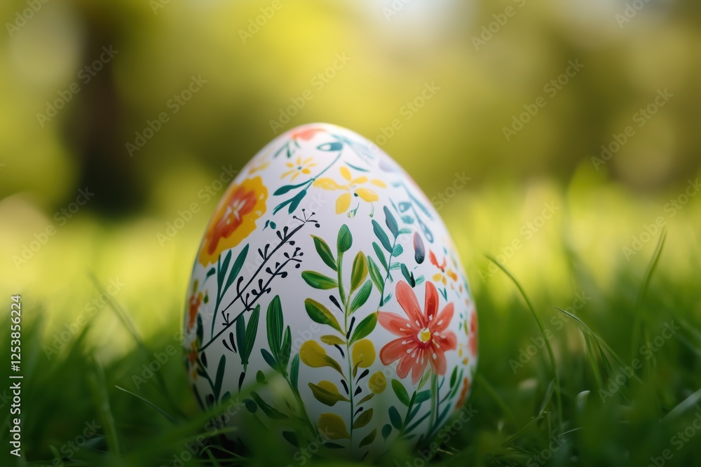 Fototapeta premium Artistic Easter egg with floral patterns, resting on soft green grass