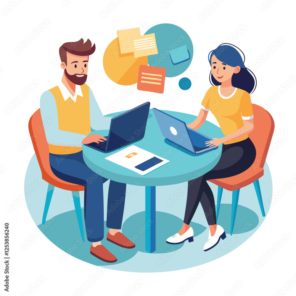 Partners meeting for business discussion with documents and laptop on desk. Couple at round table, speaking, discussing work, partnership. Flat vector on a white background Partners meeting for business discussion with documents and laptop on desk. Couple at round table, speaking, discussing work, partnership. Flat vector on a white background