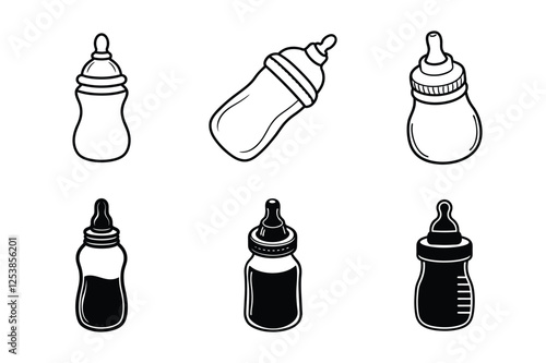 Baby Bottle Icons Set - Milk Bottle, Feeding, Infant, Baby Care Vector for Logos, Stickers, and Graphic Designs