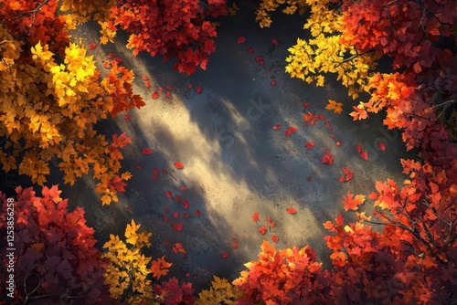 Vibrant Autumn Leaves Carpet on Forest Ground with Sunlight Filtering Through Trees