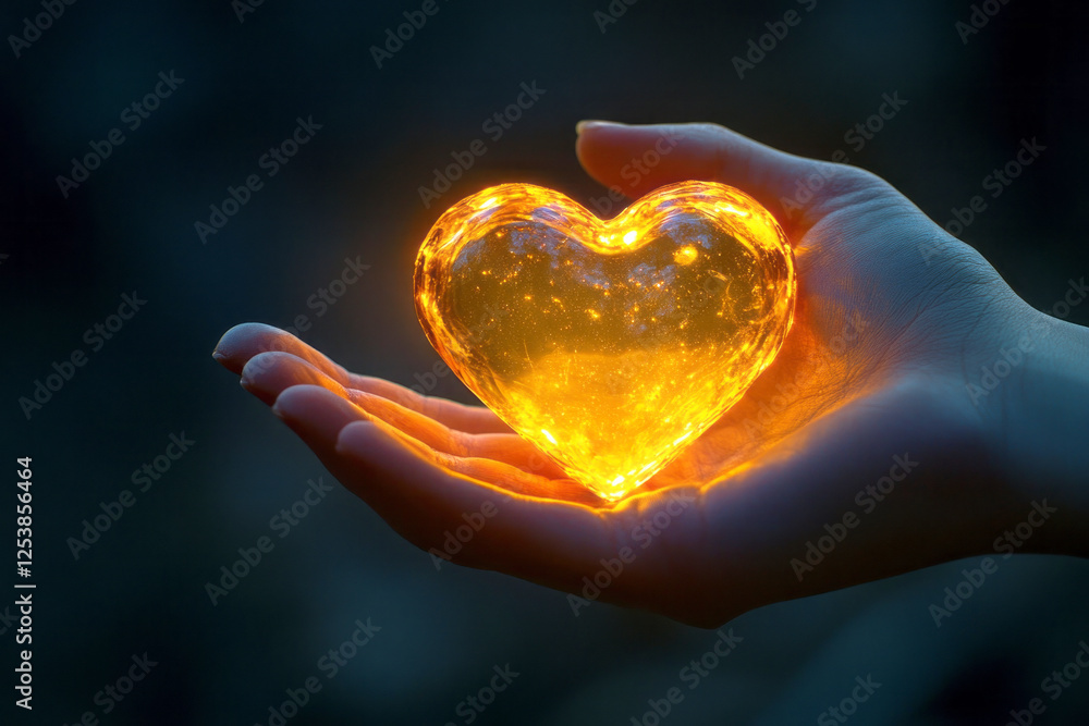 A hand cradles a glowing golden heart, set against a dark moody backdrop, creating a serene and symbolic atmosphere