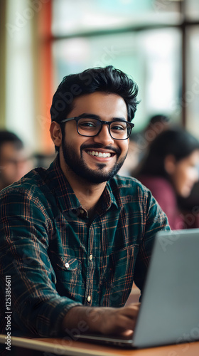 An Indian student sitting in the classroom and smiling while using their laptop
