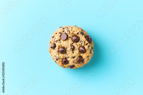 Delicious chocolate chip cookie on vibrant blue background, invi photo