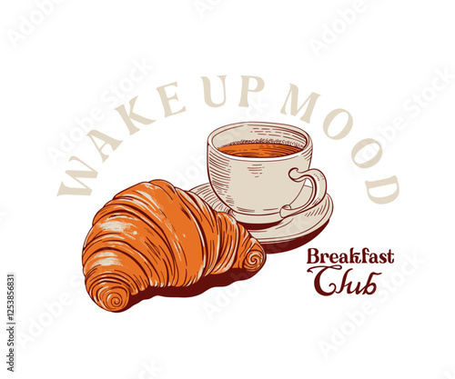 Croissant and coffee vector art, Retro Vintage healthy breakfast club artwork for t shirt, poster, graphic print